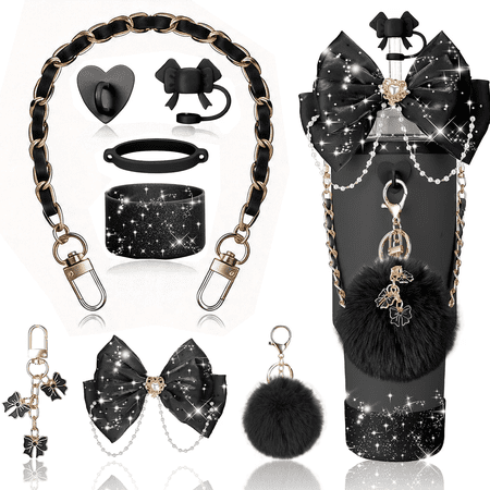 Bling Tumbler Accessories Kit for Stanley 20/30/40 oz Tumblers, Sparkly Balck Bow Decor Set with Straw Topper, Handle Strap, Cup Boot & Chain Charms