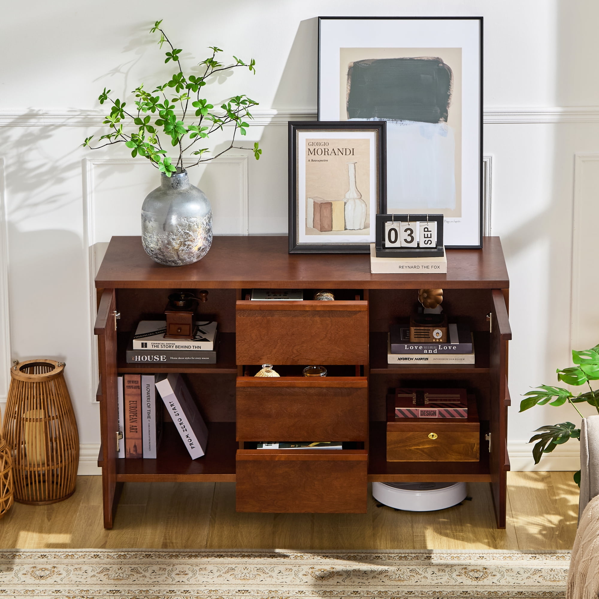 Leumius 47.3" Modern Sideboard Buffet Cabinet, Accent Console Table with 2 Doors, 3 Drawers and Solid Wood Handles, Multipurpose Storage Cabinet for Kitchen, Dining Room and Living Room Walnut