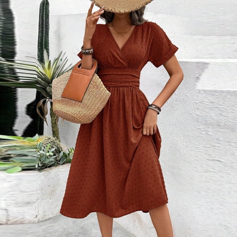 ZQUUVOU Casual Dresses for Women V Neck Short Sleeve Cinched Waist Swing Midi Summer Lightweight Flattering Dress Green