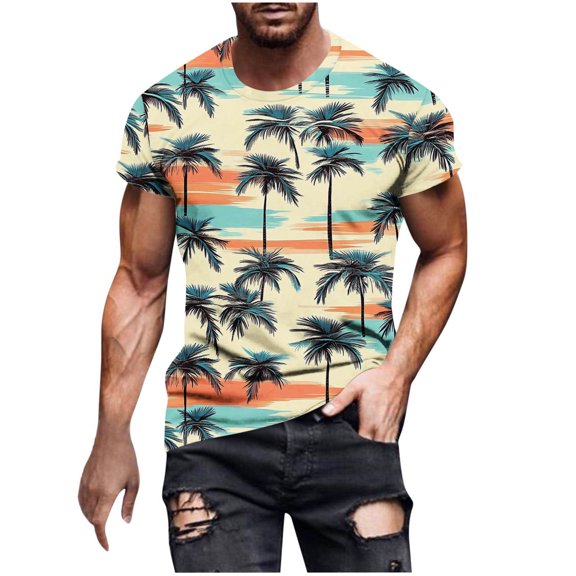 Lovzfmll Men's Hawaiian Aloha Print Short Sleeve Tee, Athletic Fit Graphic Print T-Shirt, Lightweight Casual Sport Top
