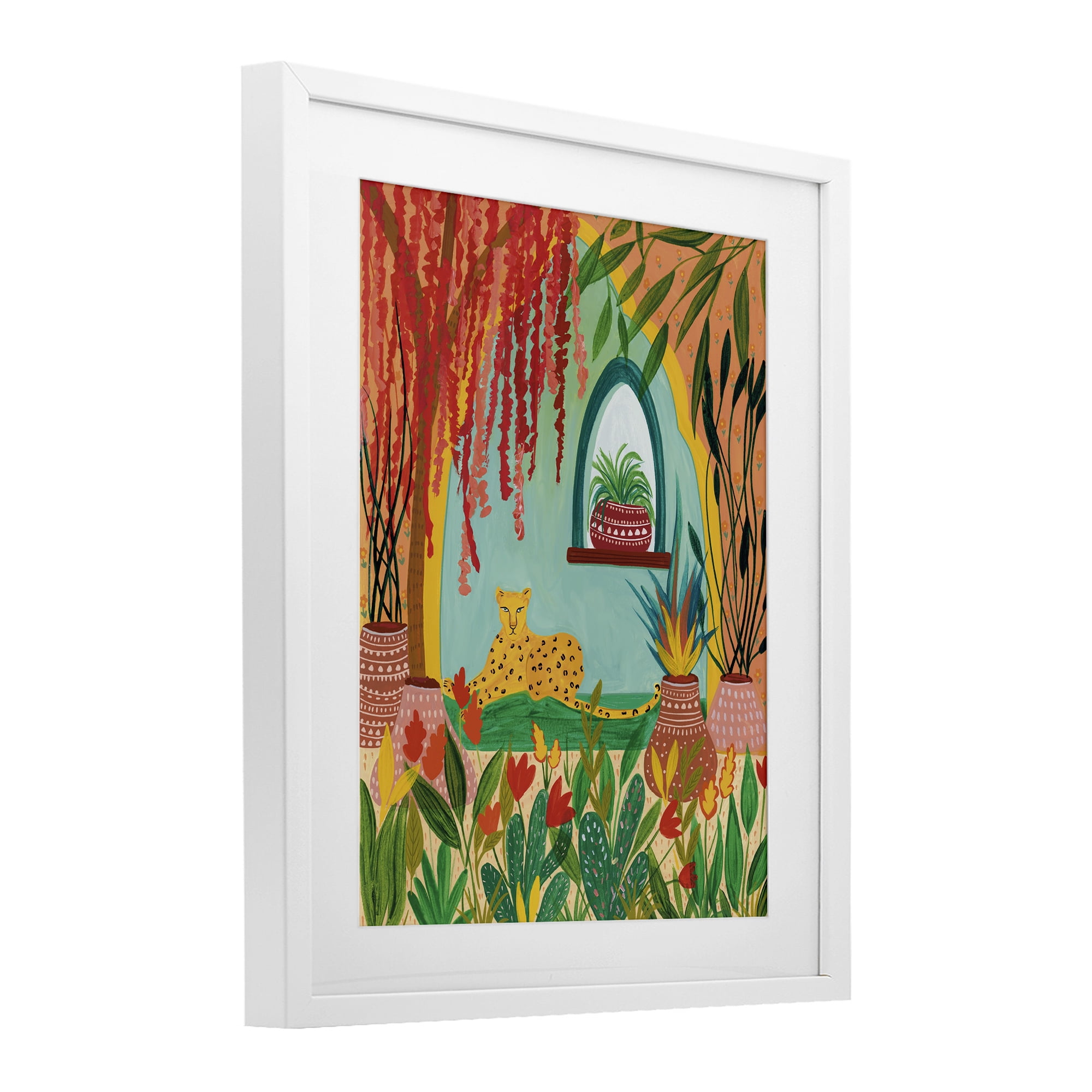 Lone Leopard Among Botanicals White Framed Print Under Glass, design by Nabeela Rumi