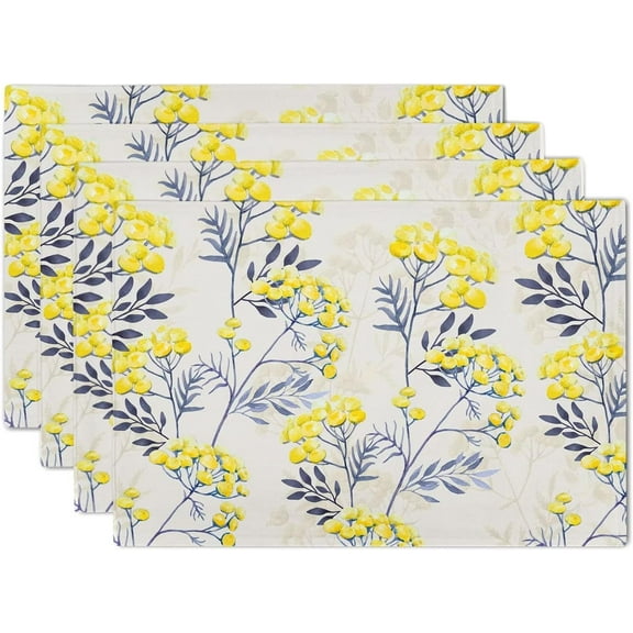Yellow Blue Floral Placemats Set of 4 Spring Summer Flower Placemats 12 X 18 Inch Vintage Floral Plant Place Mats Washable Linen Farmhouse Table Mats for Party Kitchen Dining Holiday Indoor Decoration