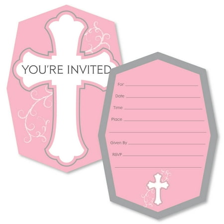 - Little Miracle Girl Pink & Gray Cross - Shaped Fill-In Invitations - Baptism or Baby Shower Invitation Cards -12 Ct