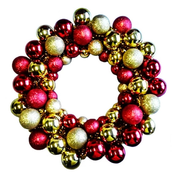 16" Red and Gold Ball Wreath with Battery Powered Warm White LEDs
