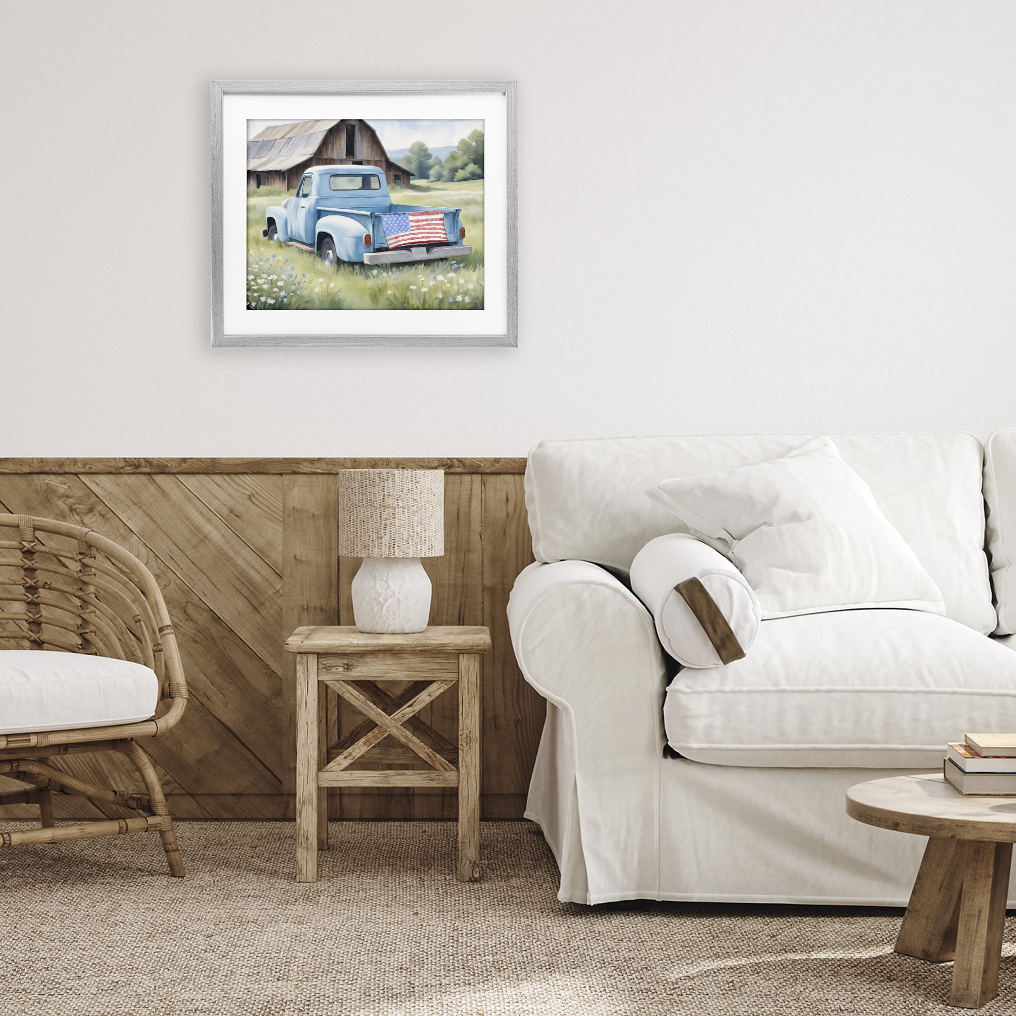 Stupell Industries American Pride Truck on Farm Gray Framed Print Under Glass, design by Kim Allen