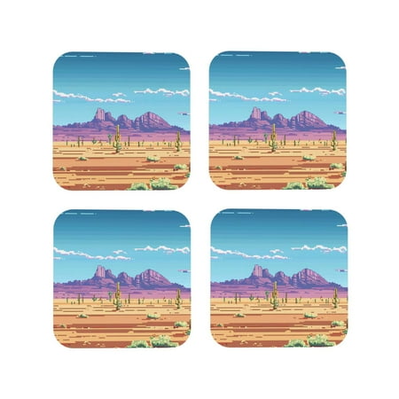 

Tebeau Pixel Desert Landscape Print Set of 4 Leather Drink Coasters Round Cup Mat Pad for Home and Kitchen Use 4 -Square