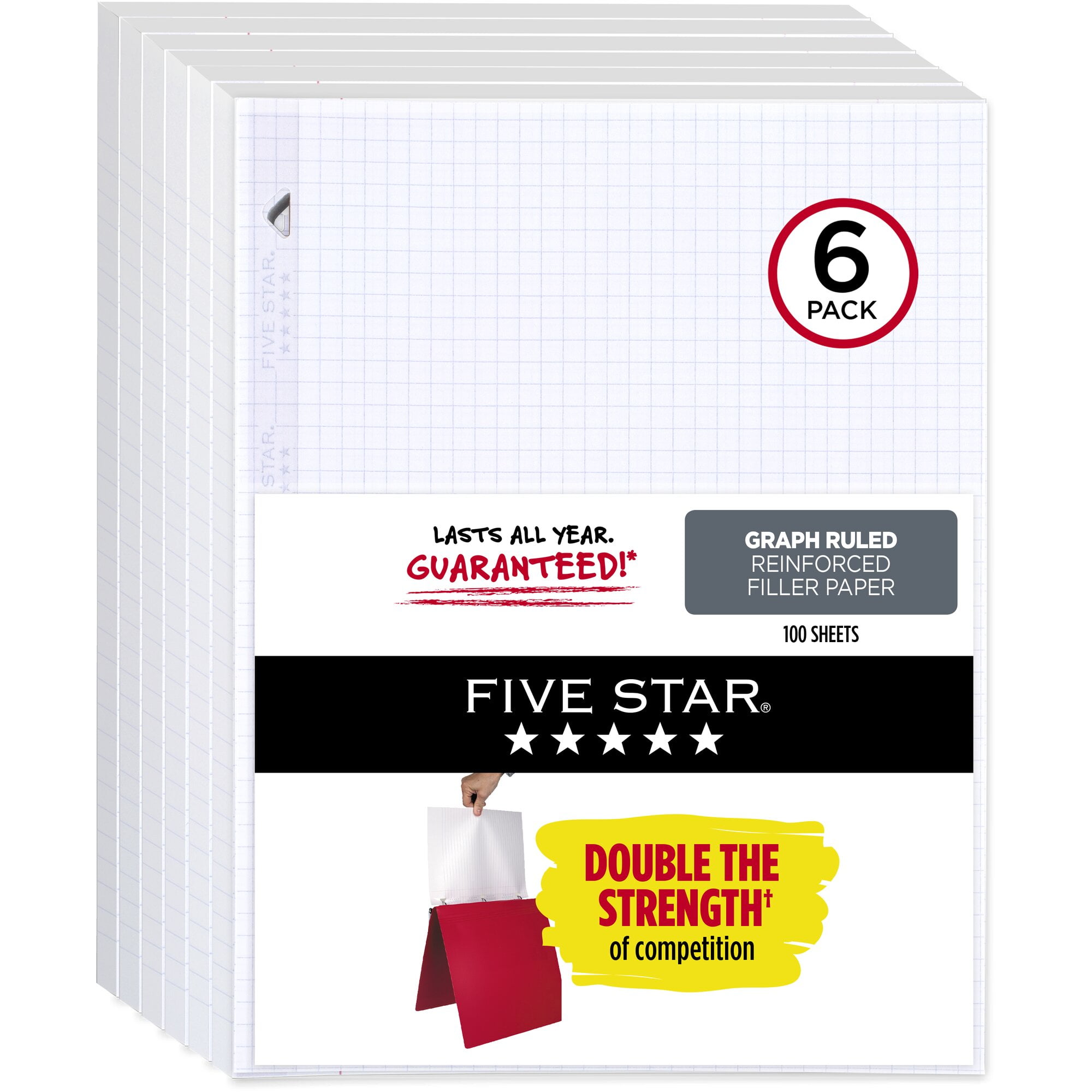 Five Star Reinforced Filler Paper Graph Ruled 8 12 x 11 100 SheetsPack 6 Pack
