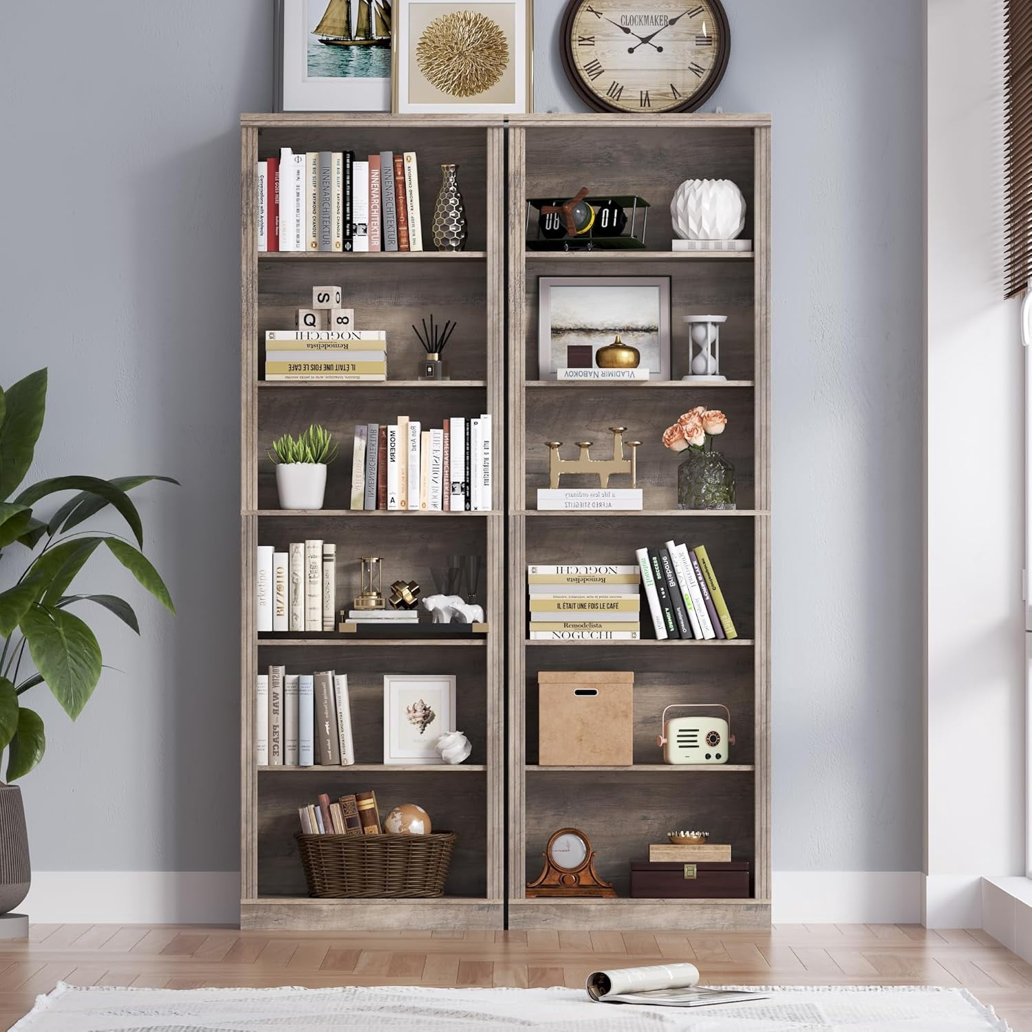 PUFFCAFE 75" Tall Bookcase,24" Wide Wood Book Shelf,6 Tier Display Storage Shelves,Gray Bookshelf for Home Office Living Room Bedroom Study,2 Pack