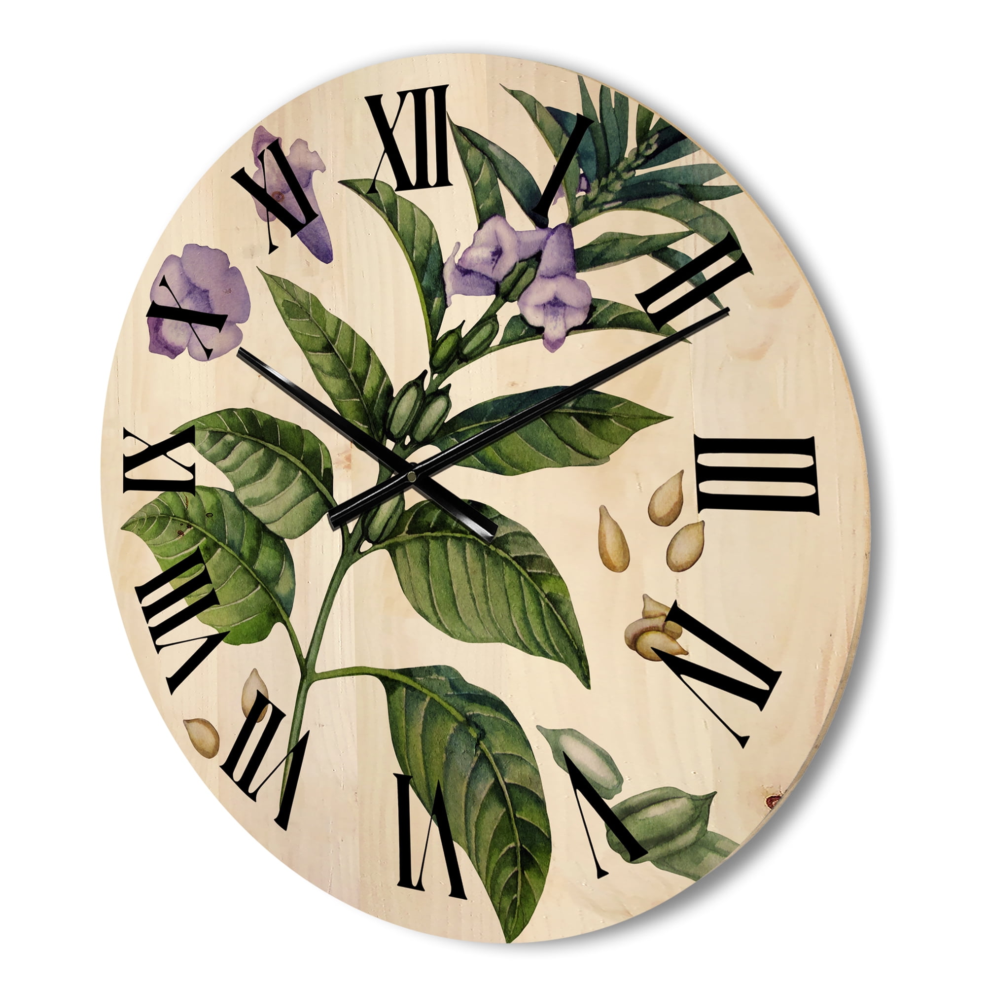 Designart 'Purple Sesame Flowers WIth Green Leaves On White' Traditional Wood Wall Clock