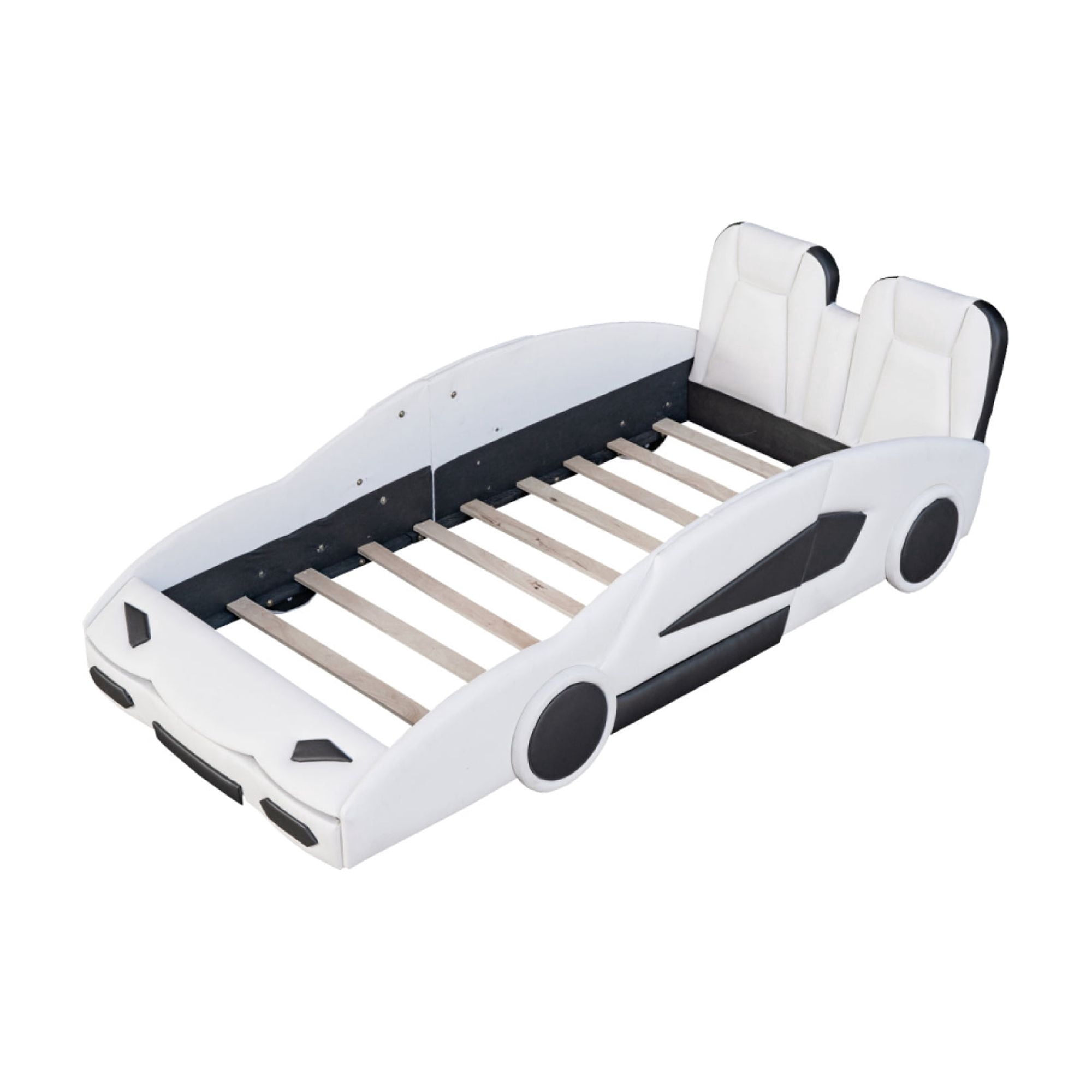 ChenyueFurn Twin Size Race Car-Shaped Platform Bed with Wheels for Kids, Wooden Bed Frame for Bedroom, No Box Spring Needed,White