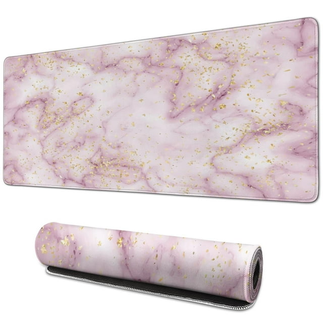 31.5 x 11.8 Inch Cute Pink Desk Mat - Protective Laptop Pad with Rose Gold Marble Design