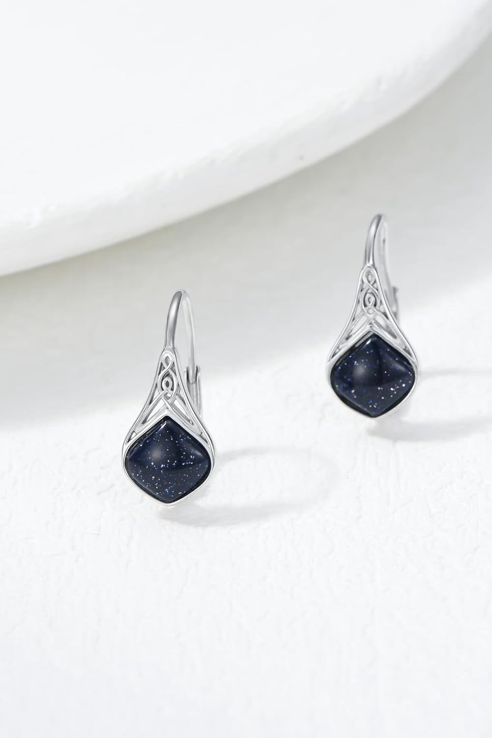 Blue Sandstone Earrings 925 Sterling Silver Celtic Knot Teardrop Blue Sandstone Drop Earrings Irish Jewelry Gifts for Women