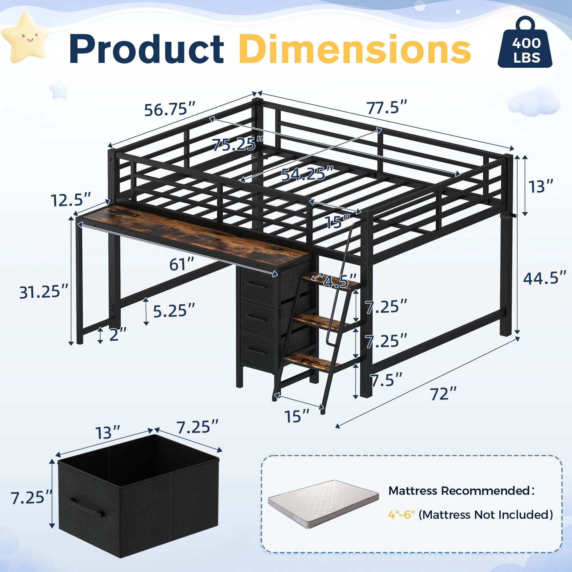 Miniyam Full Size Metal Low Loft Bed with Desk and 3 Drawers, Charging Station and Wide Steps, Black