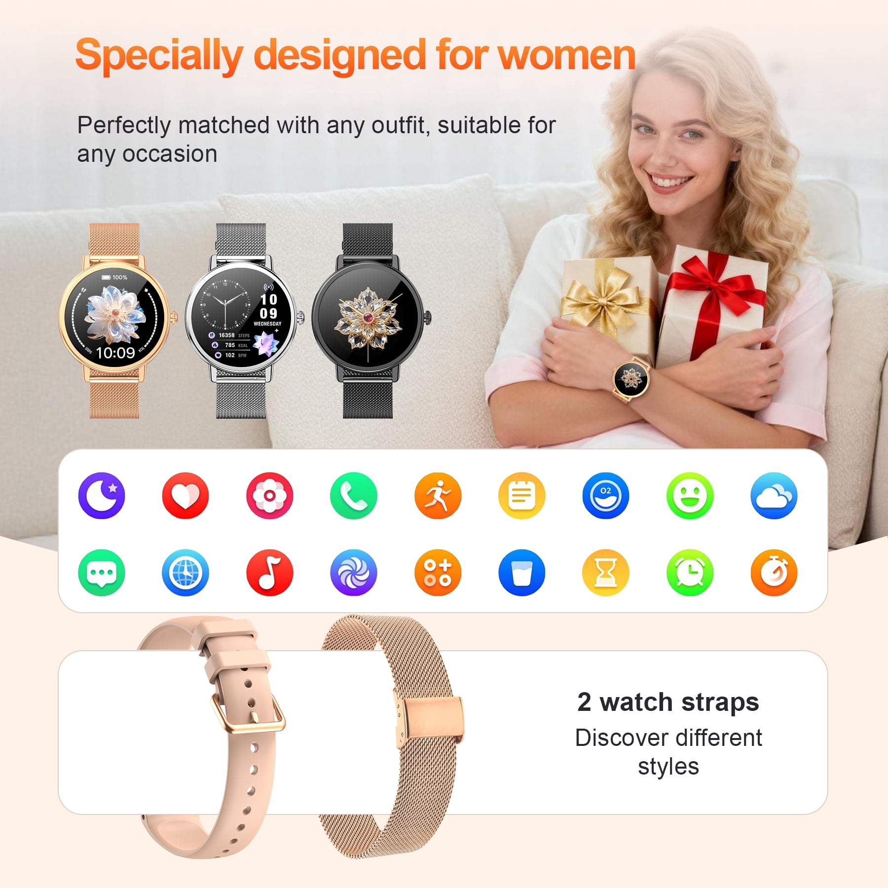 IOWODO Smart Watch for Women Men, Bluetooth Calling Fitness Tracker, 1.26" Touch Screen, 100+ Sport Modes, Message Notifications, Compatible with Android iPhone (Black)