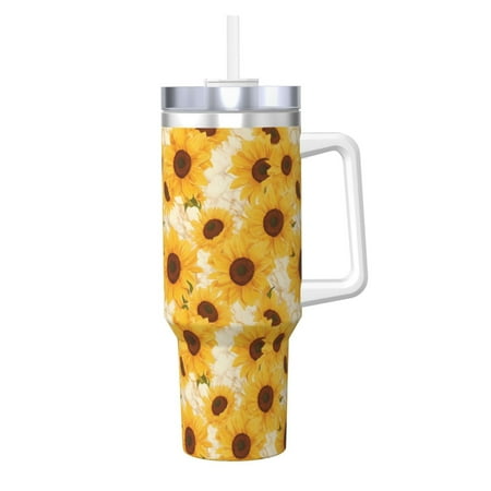 

Gaeub Vintage Marble Pattern Sunflower Print Stainless Steel Hot/Cold Coffee Cup 40oz Ice Bully Cup With Handle And Straw Travel Coffee Cup