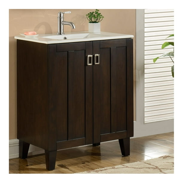 30" Brown Single Sink Bathroom Vanity with Ceramic Sink TopNo Faucet