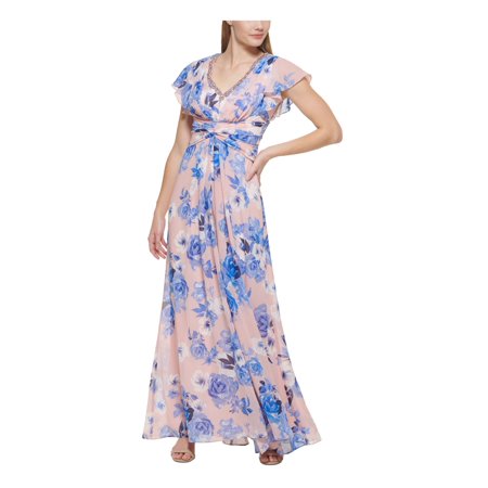 ELIZA J Womens Pink Embellished Twist Front Sheer Lined Zippered Gathered Floral Flutter Sleeve V Neck Full-Length Evening Gown Dress Petites 6P