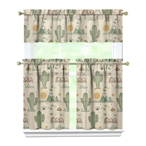 Southwestern Succulent Kitchen Curtains - Desert Style 3-PC Set with Valance & Tier Panels, Rod Pocket Design