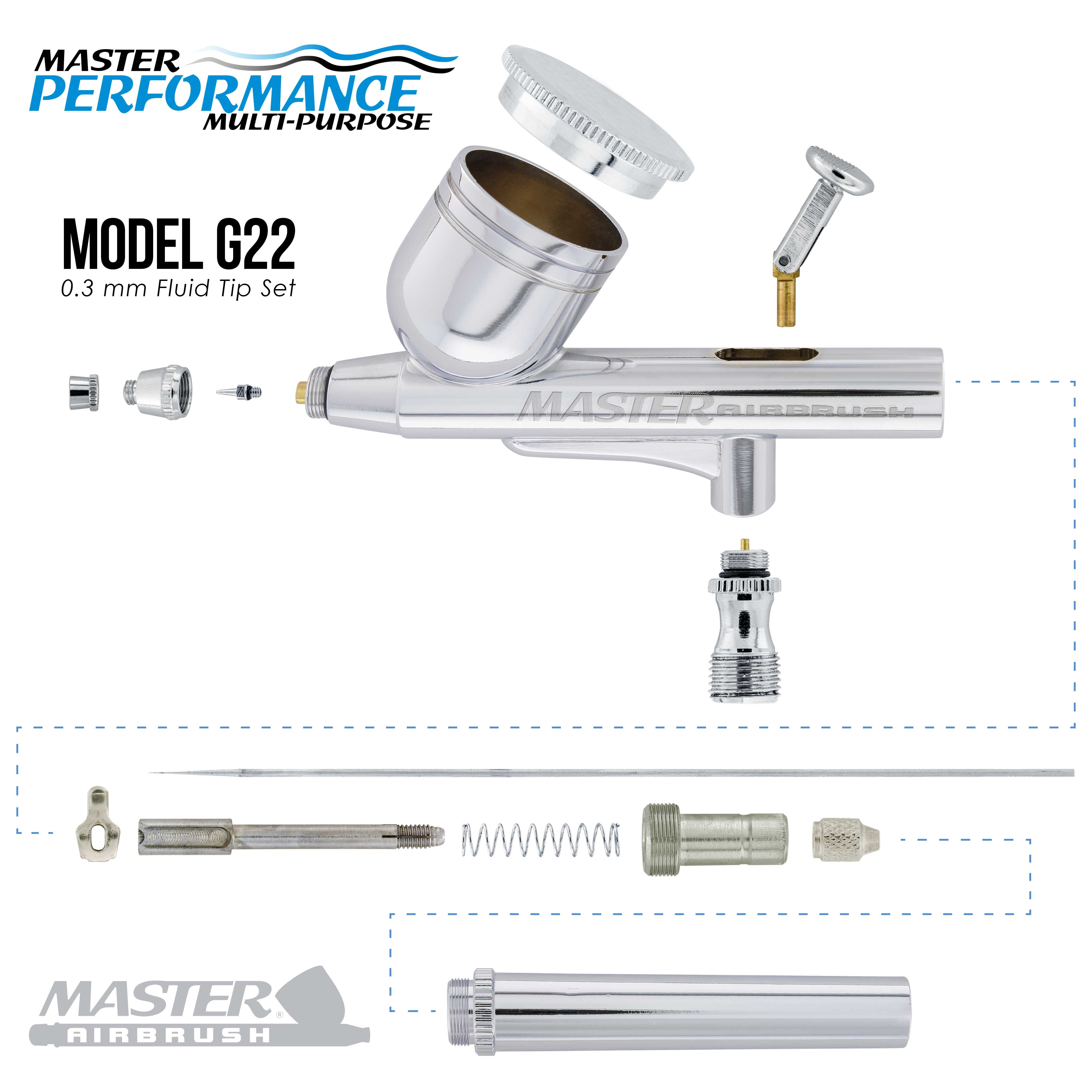 MASTER G22 Multi-purpose Airbrush Kit With Tank Compressor and 6' Air Hose Set, U.S. Art Supply Airbrush Paint, Airbrush Holder, Cleaning Pot, Quick-Connector, Mixing Sticks & Cups