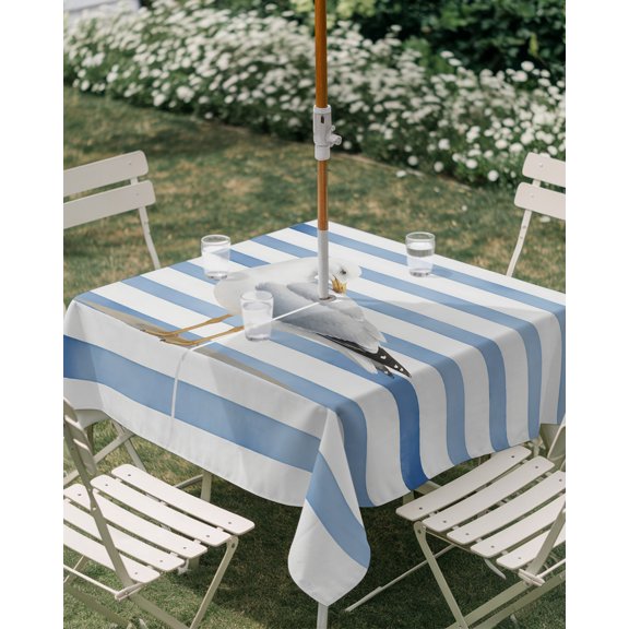Outdoor Tablecloth with Umbrella Hole, Summer Beach Seagull Stripe Zippered Table Cloth for Rectangle Tables, Coastal Ocean Blue Line Washable Waterproof Tablecloths for Picnic Patio Garden