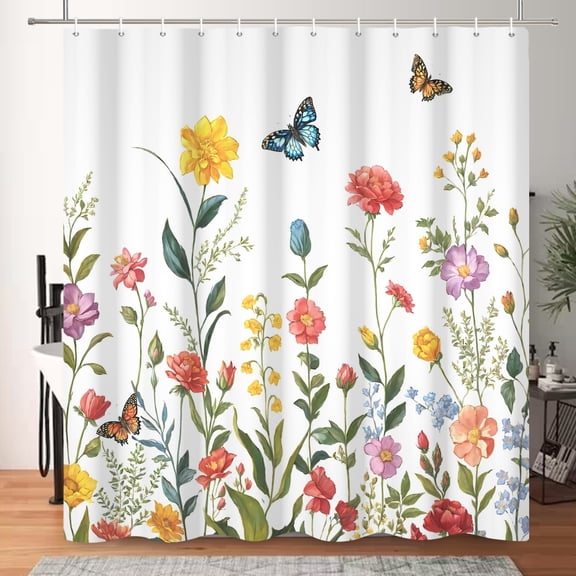 MIZHONA Butterfly Shower Curtain Spring Floral and Flowers Fabric Bathroom Curtain 72x72 in