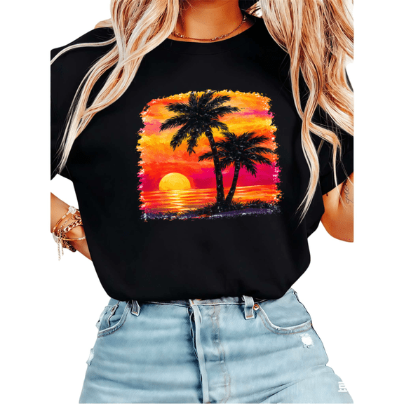 UNISHE Women's Watercolor Tropical Sunset Palm Tree Graphic Short Sleeve T-Shirt Casual Cotton Crewneck Top
