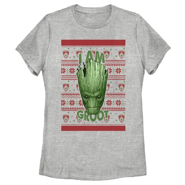 Women s Marvel Ugly Christmas Guardians of the Galaxy Groot Portrait T Shirt Athletic Heather X Large Walmart