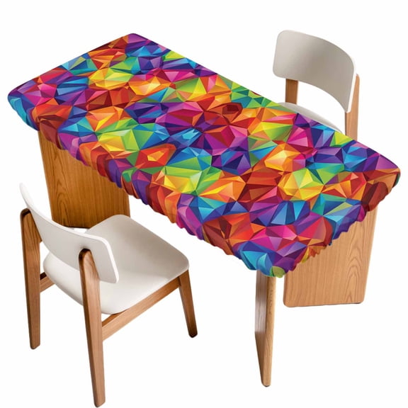 Colorful Geometric Table Cloths for 4 Foot Rectangle Tables, Modern Rainbow Ombre Abstract Art Patio Waterproof Elastic Fitted Tablecloths, Washable Rectangular Table Cover for Camping