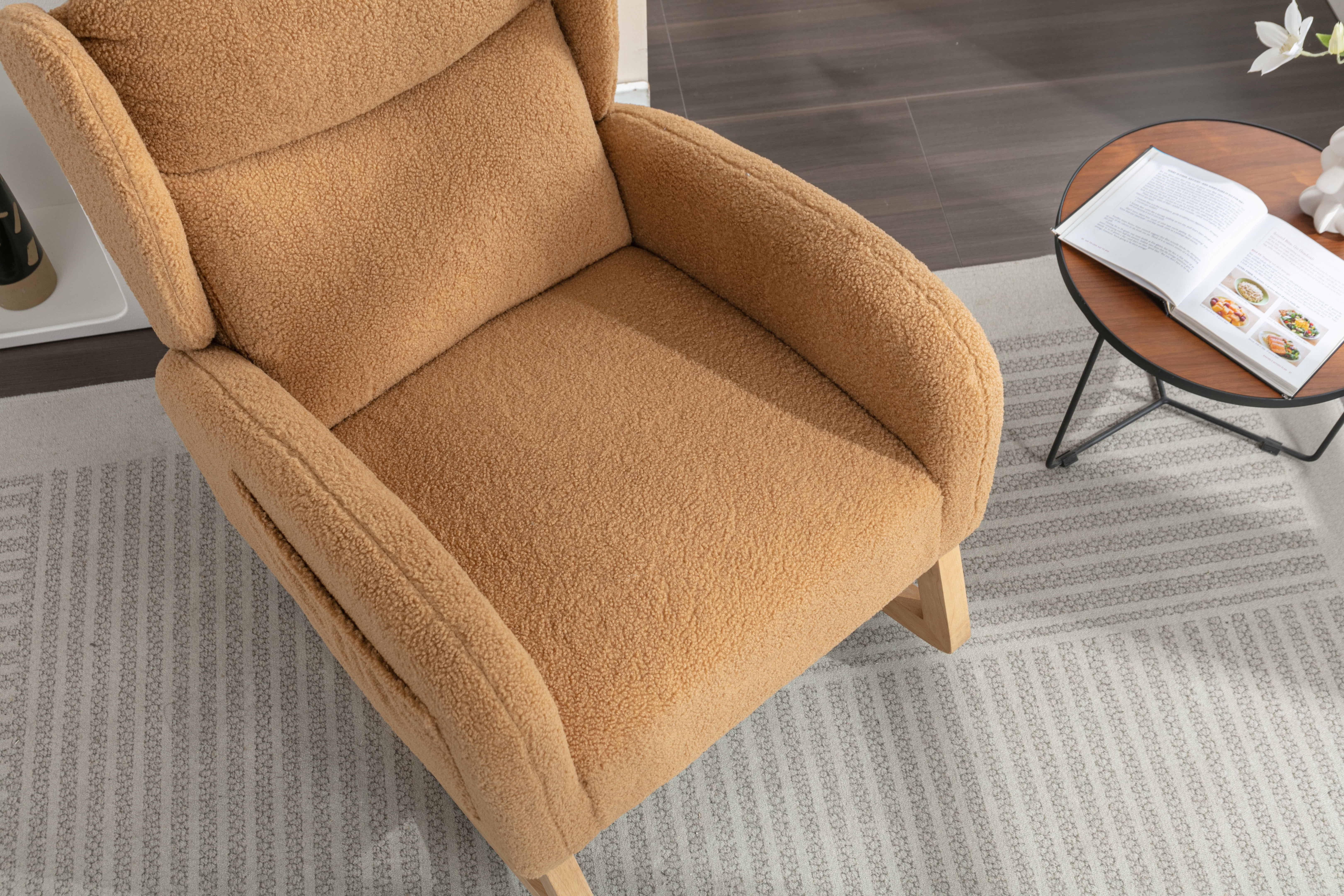 New ocking Chair, Upholstered Glider with Solid Wood Legs, High Back Wooden Rocker for Living Room, Bedroom