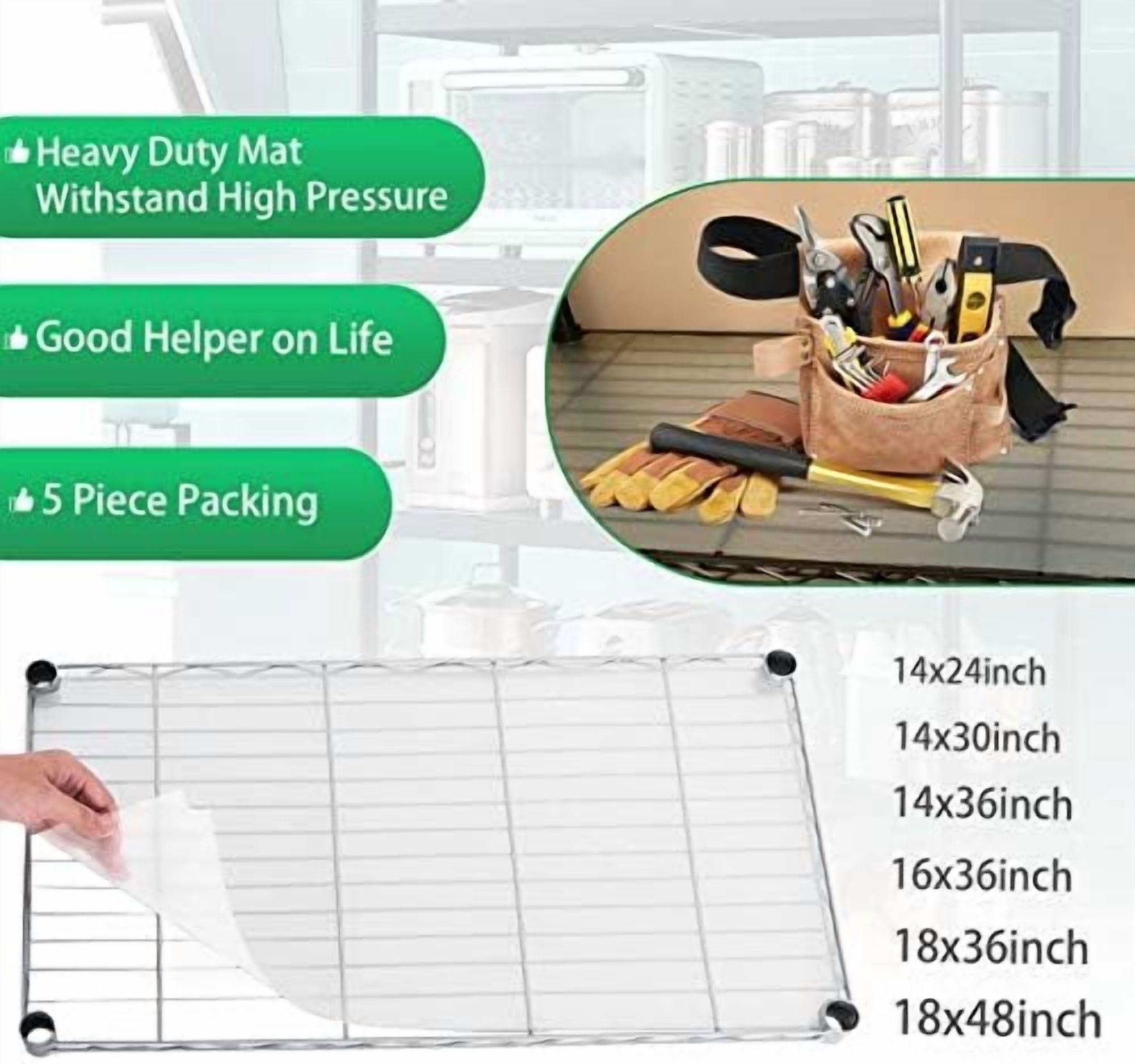Wire Shelf Liner 14" x 36" Value Pack of 5 Flat Heavy Duty Waterproof Non-Adhesive Industrial Strength Plastic Mats for Tier Shelving Unit, Transparent