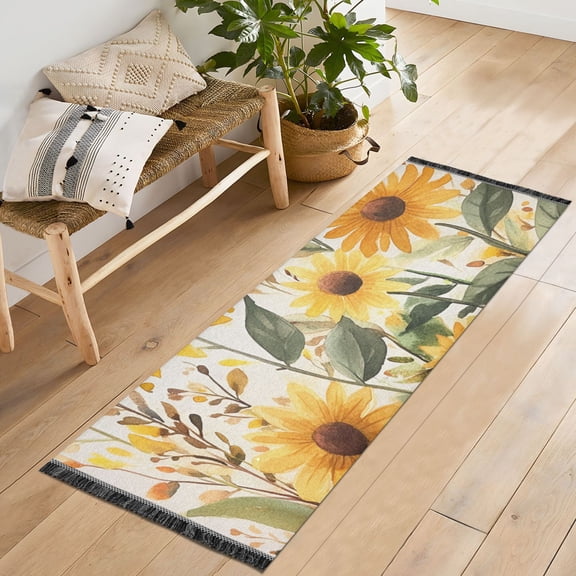 Yayeee Runner Rug for Bedroom 2'x6' Machine Washable Hallway Non Slip Mat, Beige Sunflowers