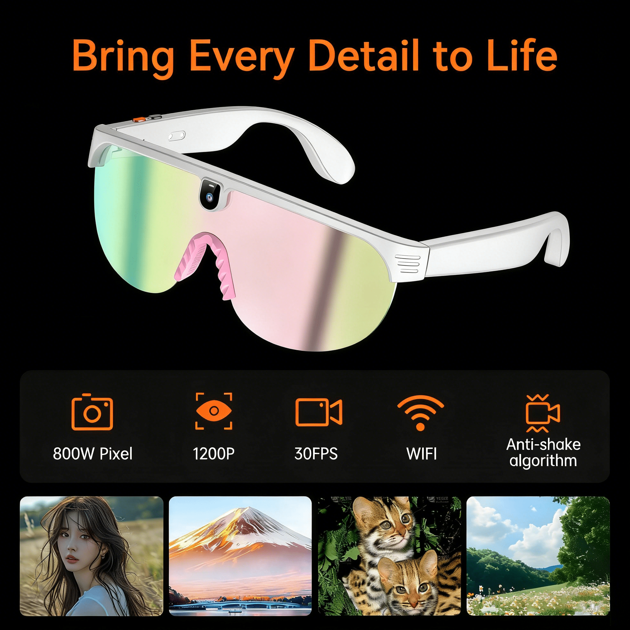 Wiher AI Smart Camera Glasses, Outdoor Sports Glasses with 4K 8MP 1200P HD Anti-Shake Camera Sunglasses for Men and Women, for Outdoor Sports Cycling Hiking Skiing(Color)