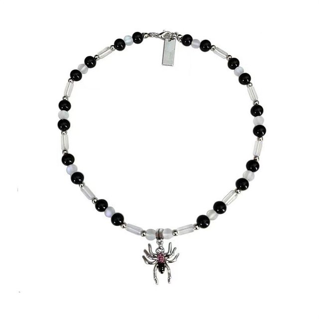 Collar de araña gótica de Halloween con bola de cuentas negras y colgante de araña de cristal, cadena de fiesta de Halloween, joyería punk, regalo personalizado para mujeres y niñas JM