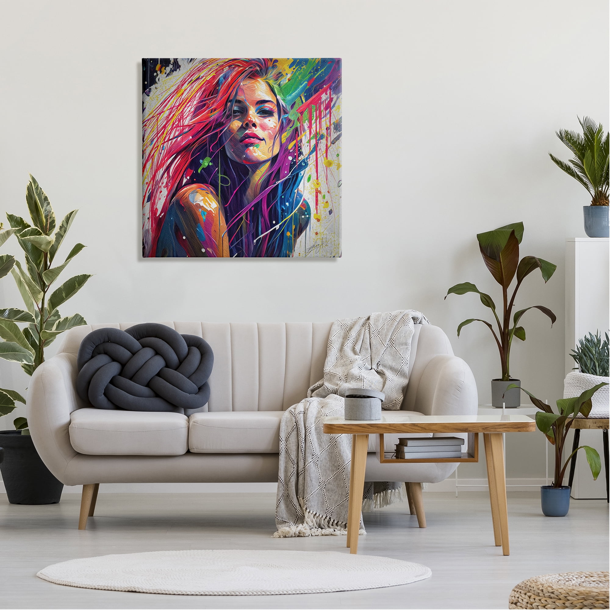 Stupell Industries Modern Girl with Paint Splatter Abstract Painting Gallery Wrapped Canvas Print Wall Art, 30 x 30