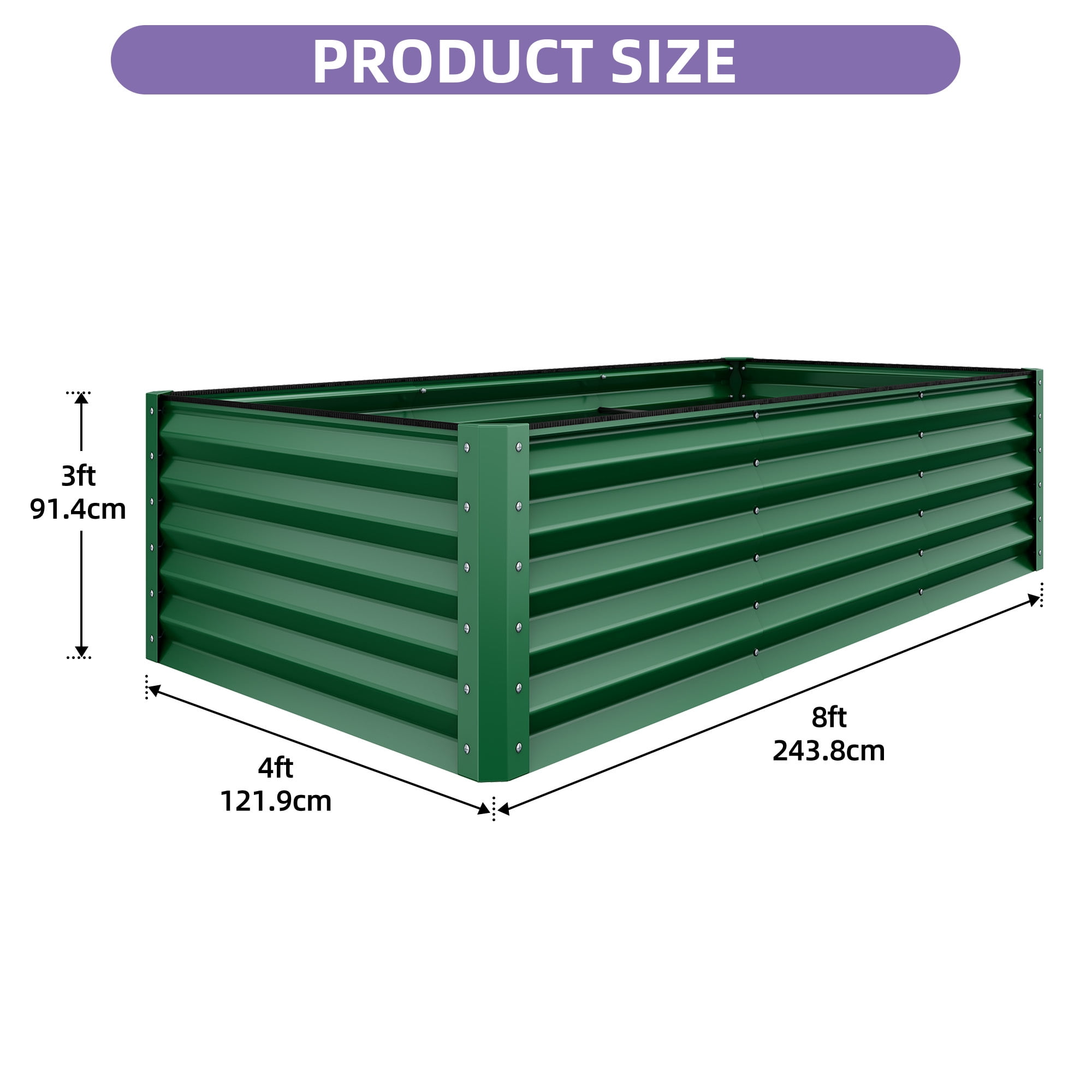 Uforic 8x4x3ft Large Galvanized Metal Raised Garden Bed Kit with Gloves, Support Rod & Safety Rubber, Outdoor Above Ground Planters for Plants Vegetables Flowers, Green
