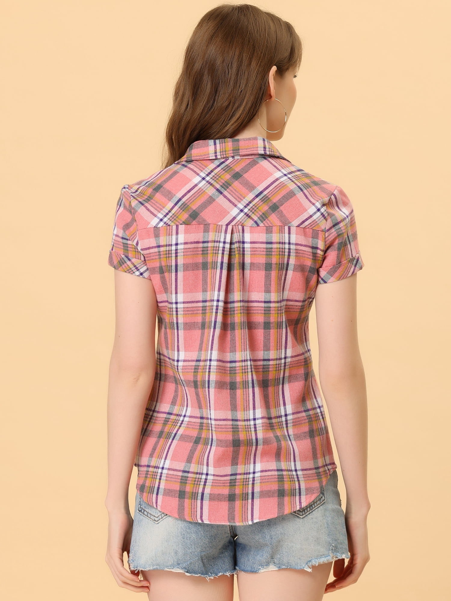 DARING DIVA Women's Casual Boyfriend Plaid Button Down Flannel Shirt XL Light Pink