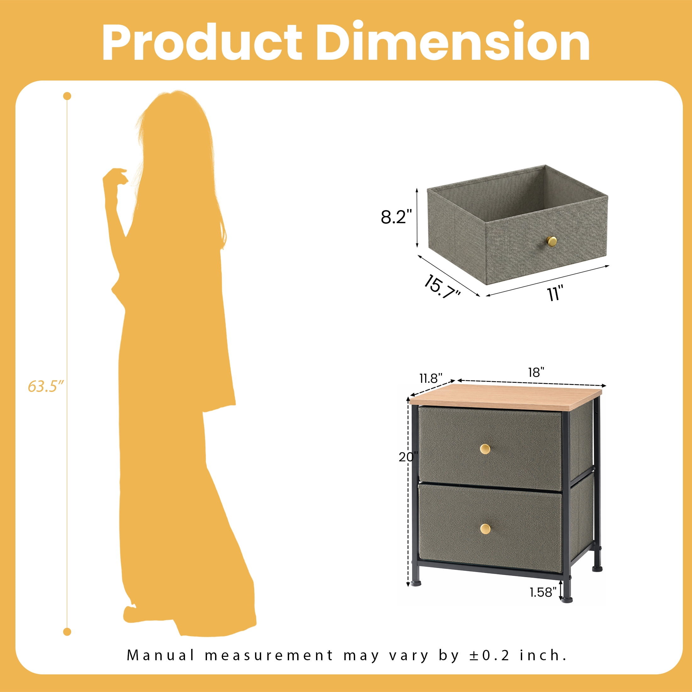 Double Drawer Bedside Table for Bedroom Living Room Storage