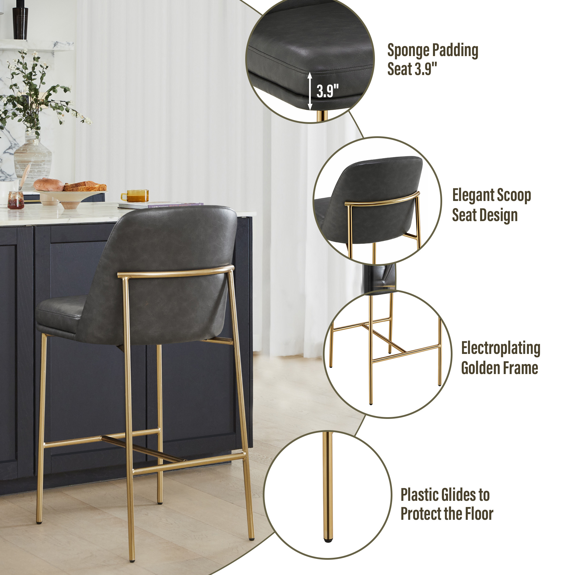 Spruce & Spring Modern 27-Inch Contemporary Counter Stool Set with Upholstered Seat and Metal Frame Set of 2, Retro Grey Faux Leather