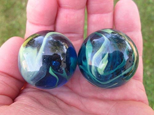 Big Game Toys Set of 2 SEA Turtle 35mm Boulder Translucent Blue/Green Swirl Large Shooter Solid Glass Marbles