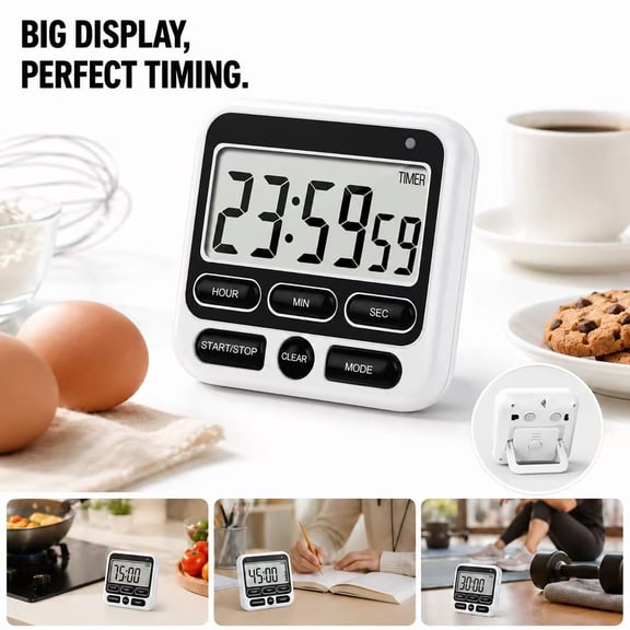 Digital Kitchen Timer with Mute/Loud Alarm Switch on/offSwitch, 24 Hour Clock & Alarm, Memory Function Count up & Count Down for Teachers Cooking, Large LCD Display, Strong Magnet (White)