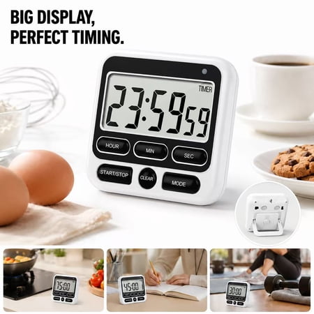 Digital Kitchen Timer with Mute/Loud Alarm Switch on/offSwitch, 24 Hour Clock & Alarm, Memory Function Count up & Count Down for Teachers Cooking, Large LCD Display, Strong Magnet (White)