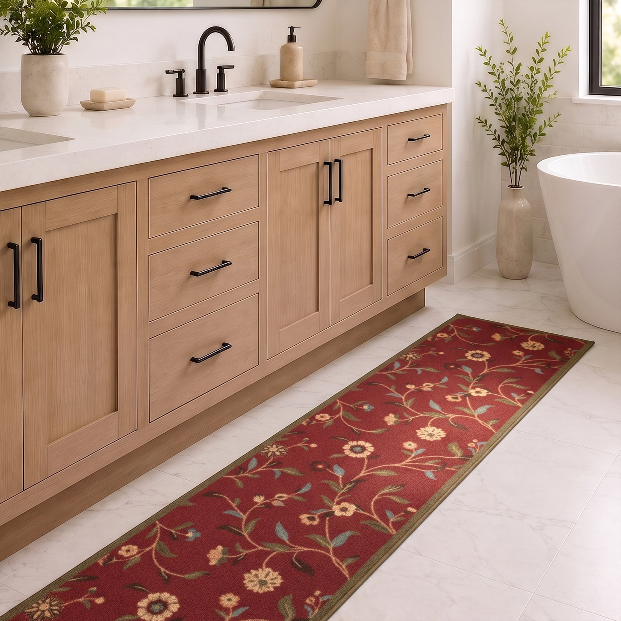 Ottomanson Extra Long Runner Rug 1'10.5" x 25' – Non-Slip Low Pile Hallway Carpet, Floral Red