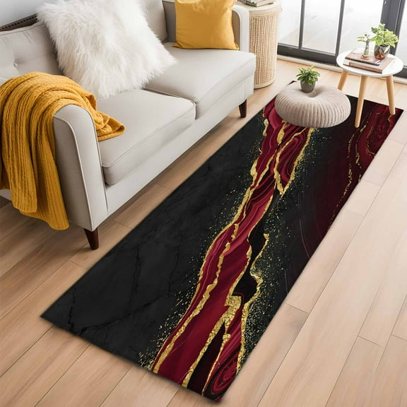 Red Marble Kitchen Runner Rug 2x6 Washable Runners for Hallway Non Slip Gold Abstract Vintage Modern Ombre Art Large Area Rug Indoor Floor Carpet for Bathroom Laundry Entryway Bedroom Living Room