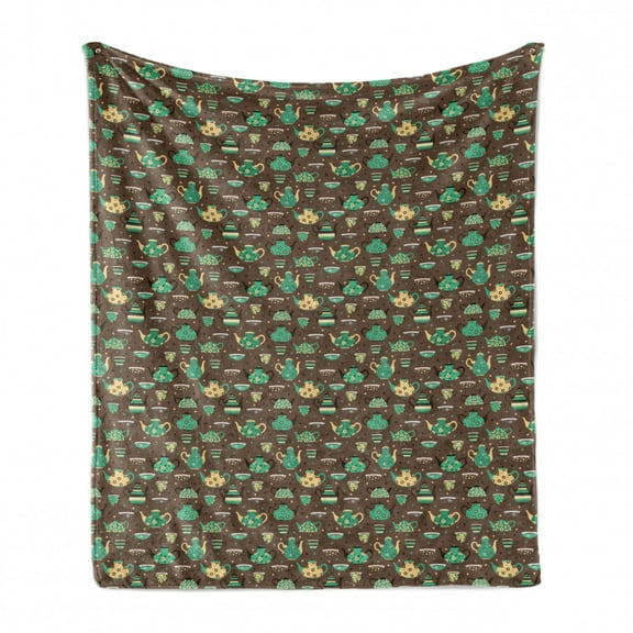 Tea Party Soft Flannel Fleece Blanket, Cups and Pots with Different Floral Motifs on Dotted Brown Background, Cozy Plush for Indoor and Outdoor Use, 50" x 70", Sea Green Brown Beige, by Ambesonne