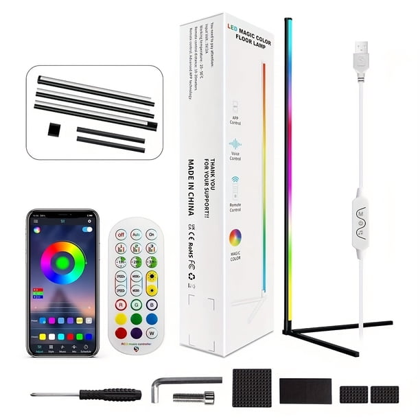 Lámpara de pie de esquina RGB de 1 pieza, moderna lámpara de pie LED con control remoto y sincronización musical, para sala de estar, temporizador de luz, 398 modos regulables.