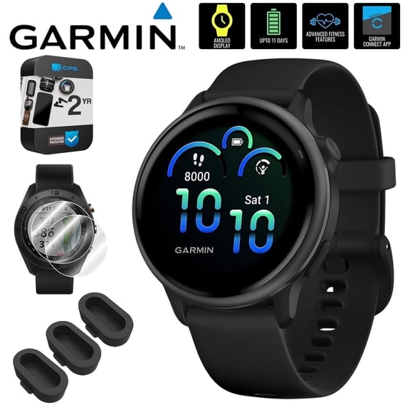 Garmin 010-02985-00 VIVOACTIVE 6 Health & Fitness GPS Smartwatch, Black with Silicone Band Bundle with 2 Year Extended Warranty, Deco Essentials Silicone Dust Covers & 2x Screen Protector