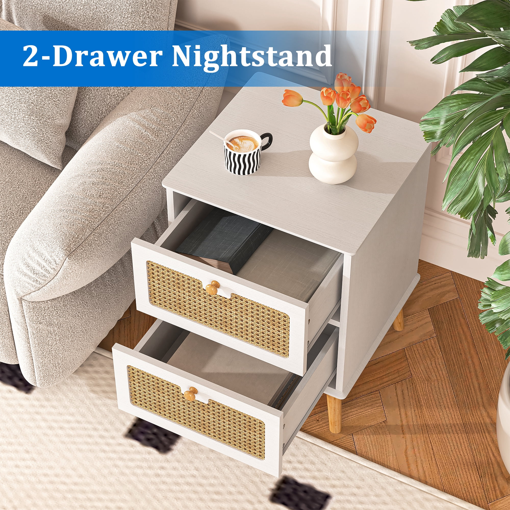 Finihen Nightstand, End Table, Side Table with 2 Hand Made Rattan Decorated Drawers, Wood Accent Table with Storage for Bedroom, White Finihen Nightstand, End Table, Side Table with 2 Hand Made Rattan Decorated Drawers, Wood Accent Table with Storage for Bedroom, White