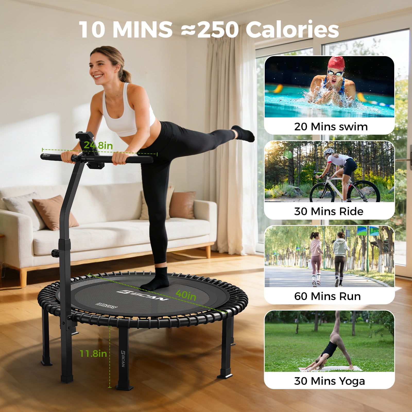 BCAN BT4 40" Soft Land Pro Adult Bungee Rebounder Trampoline, 500lb Capacity, Adjustable Tension Bungees, Exercise Trampoline for Adults, Phone Holder & 2 Pairs Socks| FED Fitness