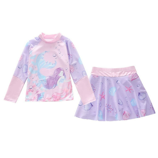 Luvoko Child Girls 2 Piece Rash Guard Swimsuit Set, Long Sleeve Bathing Suits Swimming Shorts for Girls Swimsuit Rash Guard Set Bathingsuit Shinny Swimsuits Princess Peach(Dark Blue,7-8 Years)