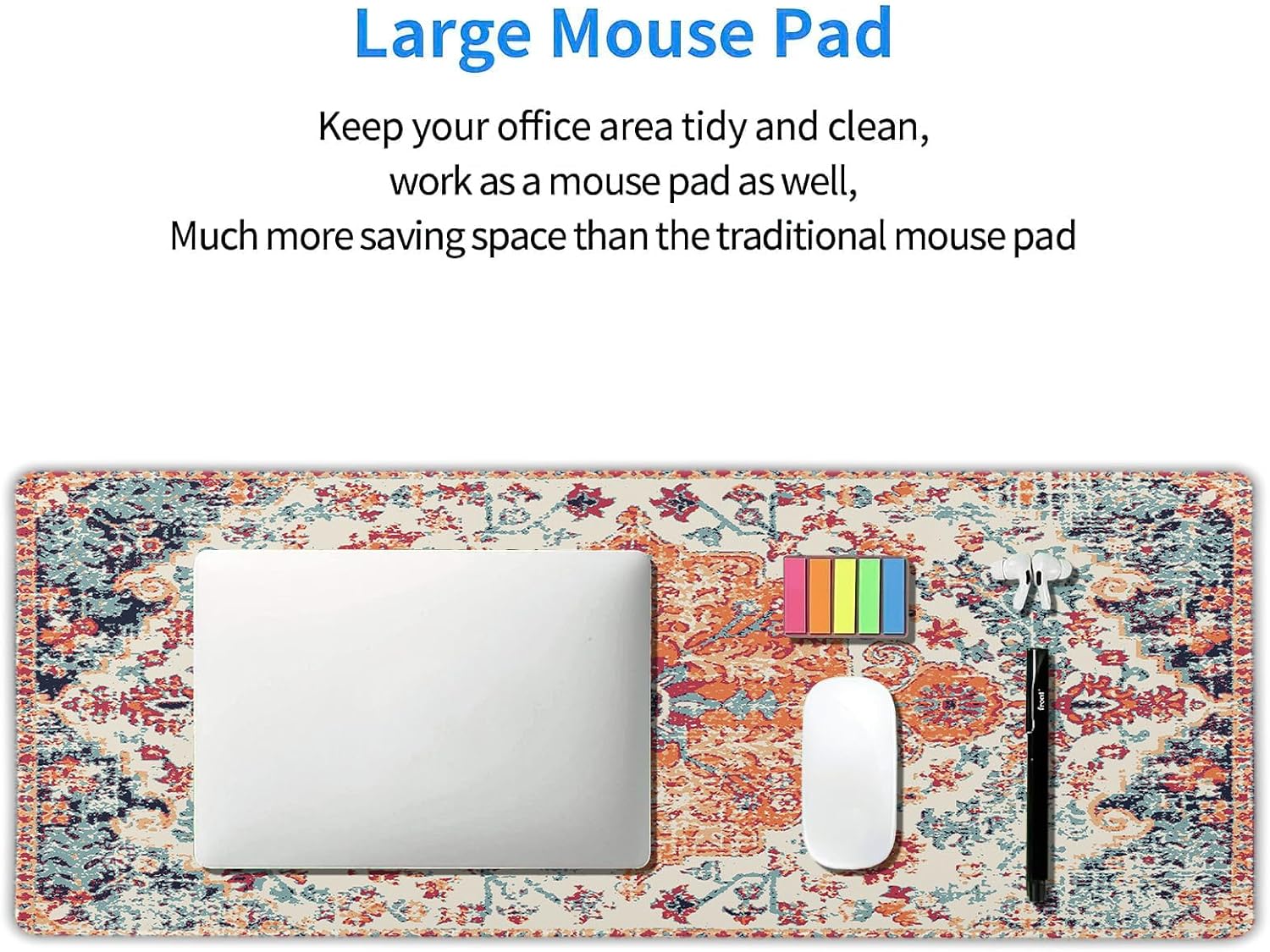 Orange Teal Boho Gaming Mouse Pad - XL Rug Carpet, Bohemian Retro Extended Large Desk Mat, Non-Slip Rubber Base, Stitched Edge, Long Desk Pad for Desktop Office PC Gamer, 31.5x11.8in